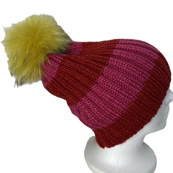 Hat Attack Womens Fur Pom Pom Knit Happy Stripes Beanie NWOT Red/Pink/Yellow - Picture 2 of 6